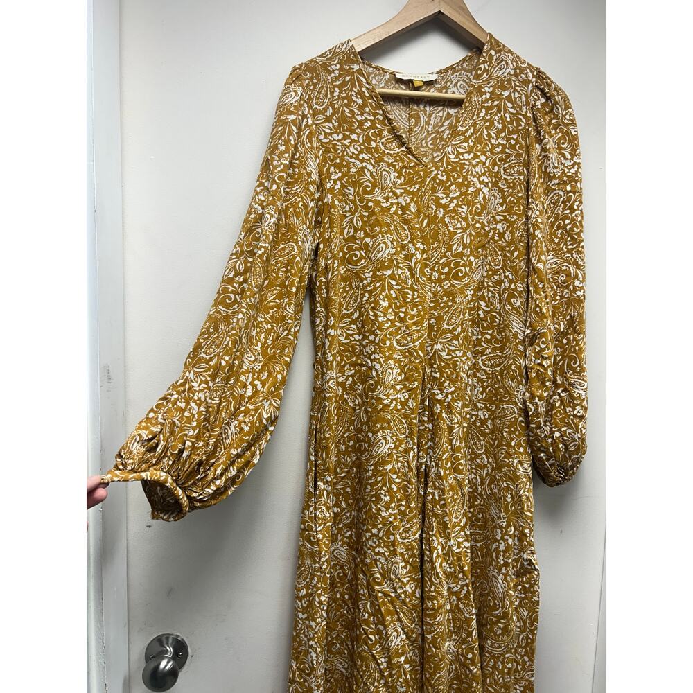 Mustard Paisley Long Sleeve Dress Peasant V-neck Downeast S
